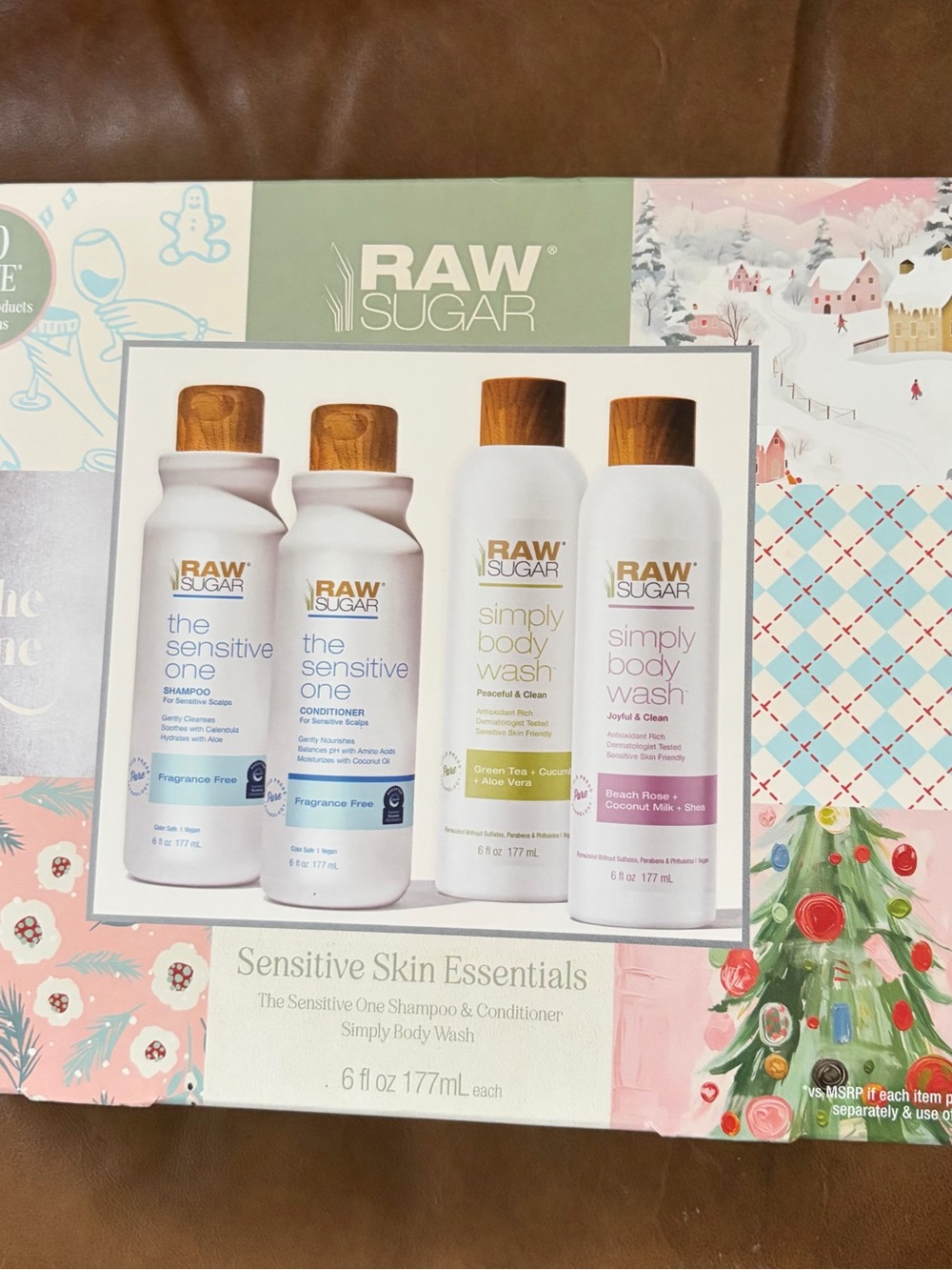 Sugar Raw Sugar Sensitive Skin Set — White Bottles‎ with Wood-Grain Caps